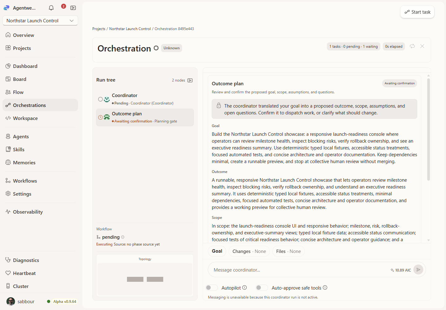 Confirmed Agentweaver Outcome plan beside the generated run tree