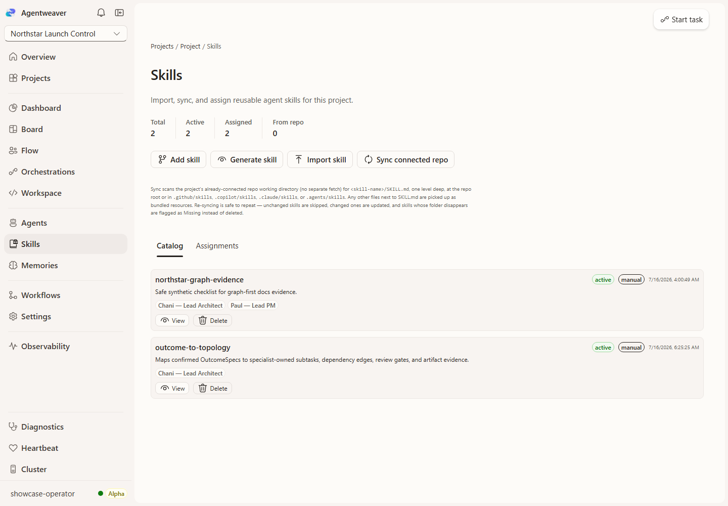 Project skills catalog with agent assignments