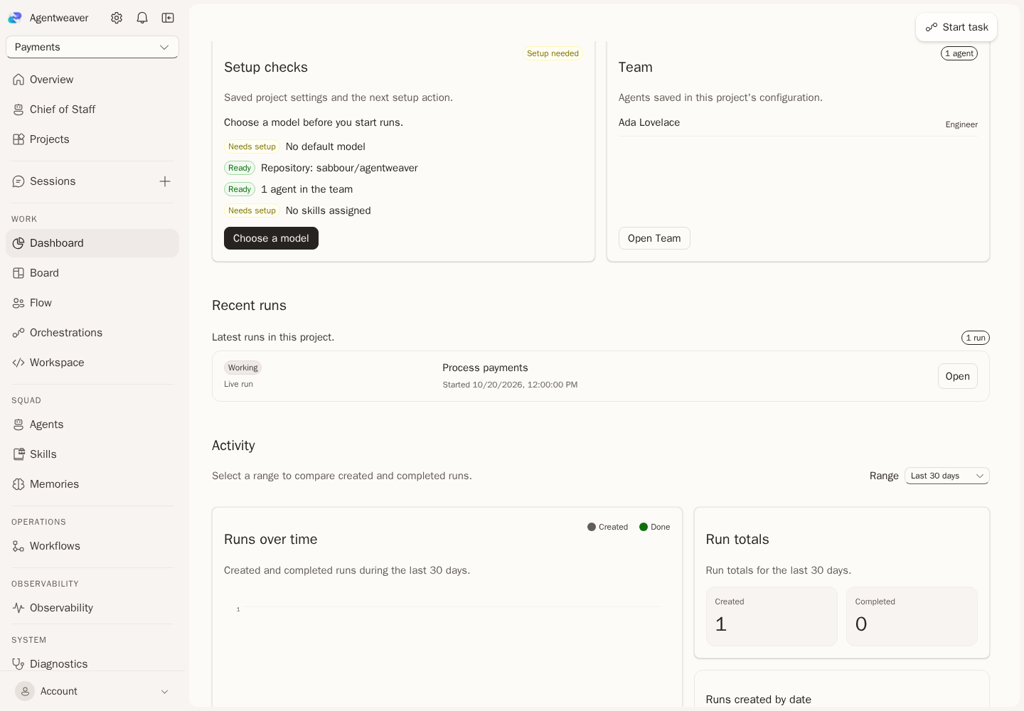 v1 Dashboard setup checks, Team, and recent runs