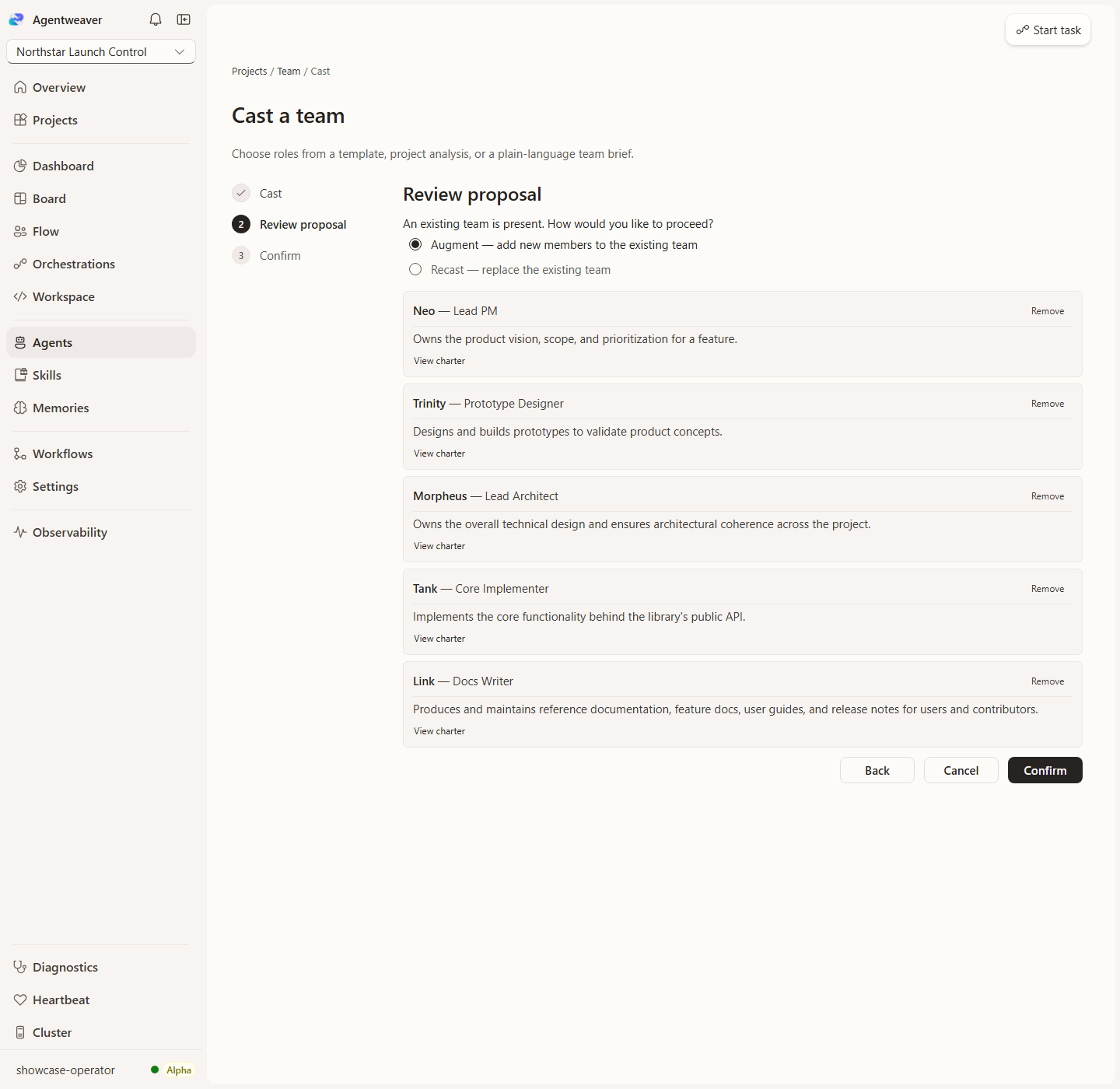Agentweaver team-generation review showing proposed roles for product management, design, architecture, implementation, and documentation, with options to remove members or confirm the team.