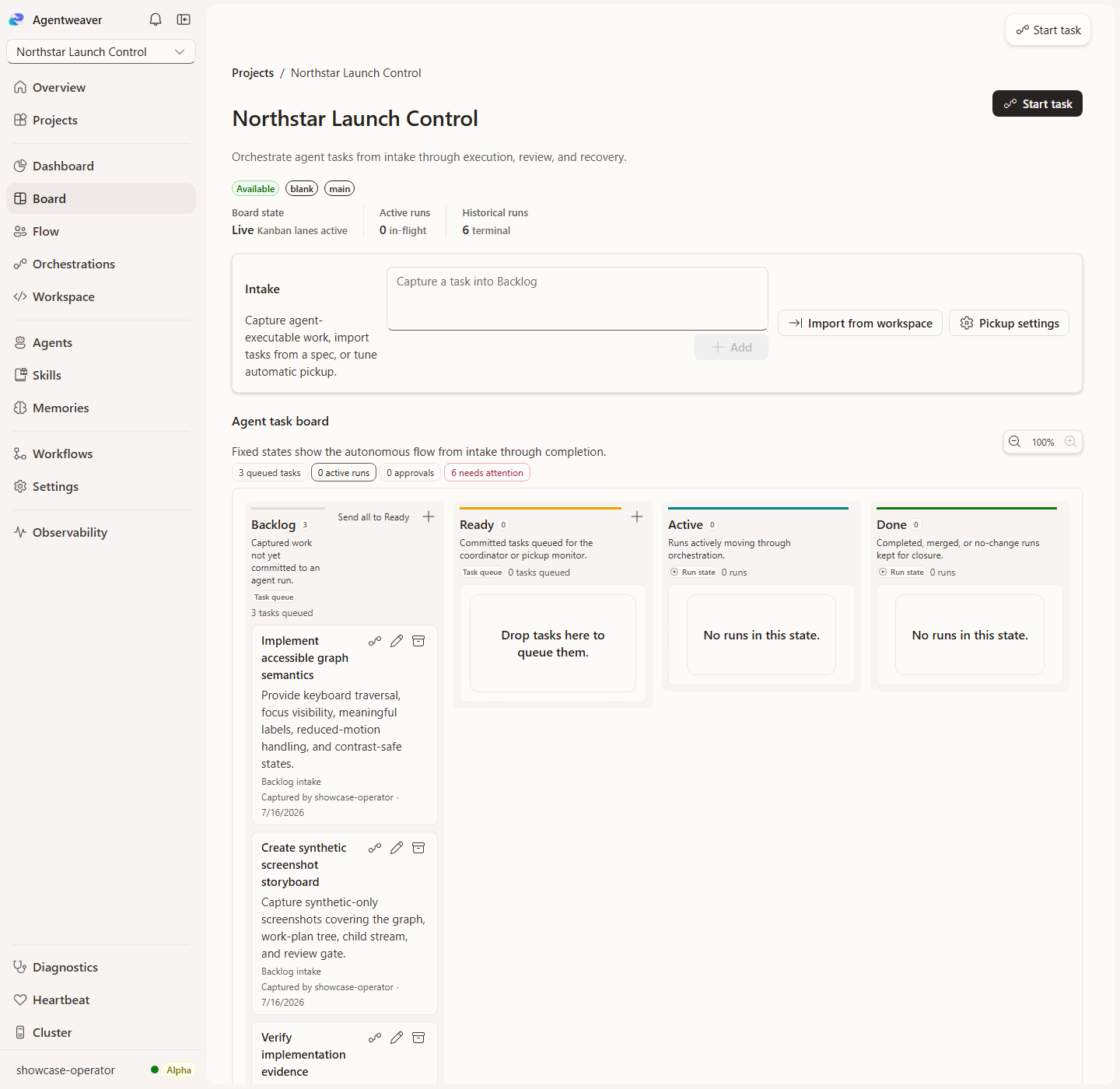Agentweaver project board showing sample tasks in Backlog and separate Ready, Active, and Done columns.
